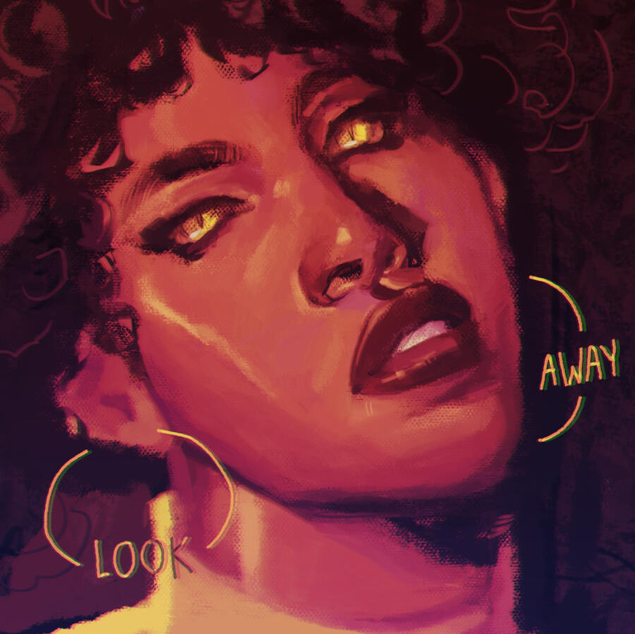 A digital painting of a piece titled, "Look Away." It is a texturally painted portrait of a Black woman with dark skin looking at the viewer, using vibrant yellows, reds, and browns. She has black curly hair, piercing golden eyes and hoop earrings that say